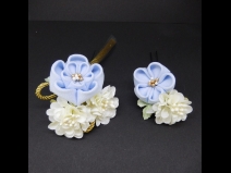 つまみふさ付ミニフラワー2点セット　水色