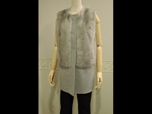 ミンク/カシミアサファイアカラ－ベスト(M、68cm丈）