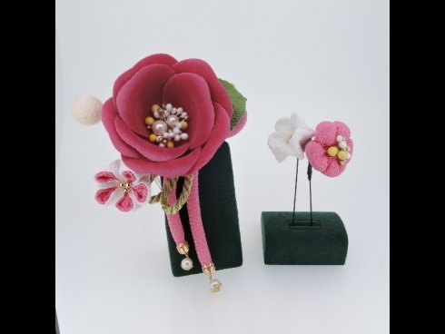 つまみ細工付フラワー コーム＆Ｕピン２点セット(ピンク) 