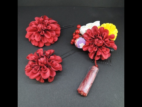 つまみ付フラワ－コ－ムふさ付・ミニ3点セット　赤