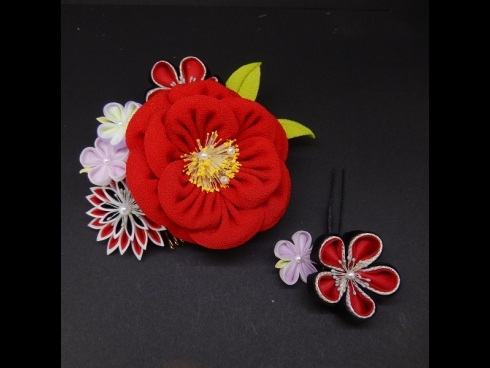 ちりめんつまみ牡丹コ－ム・ミニ2点セット 　赤