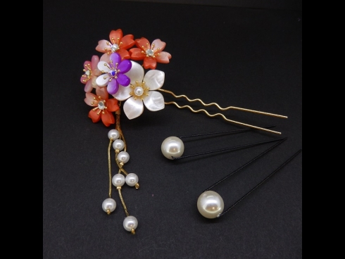 舞子2本足かんざしパ－ルさがり付ミニパ－ルピン4点セット　赤