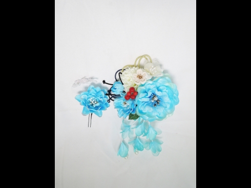 つまみ細工・パールさがり付 ラメフラワーコーム & ラメフラワーUピン　２点セット (水色)