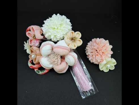 つまみ細工フラワ－コ－ム・ミニ2点セット　白/薄ピンク