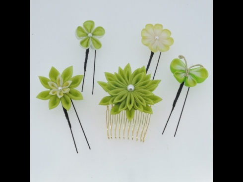 つまみ細工ミニ　Ｕピン×５本(緑)