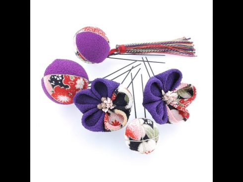 ちりめん細工・ちりめん玉5点セット　紫