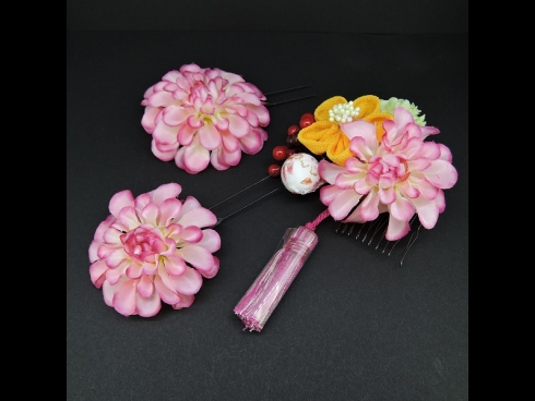 つまみ付フラワ－コ－ムふさ付・ミニ3点セット　ピンク