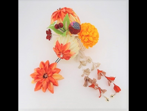 成人式髪飾り花てまりふじ下がりコ－ム　オレンジ