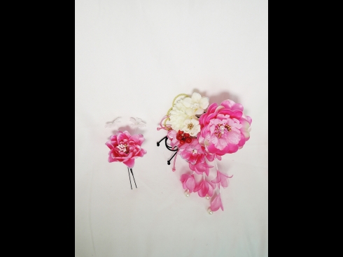 つまみ細工・パールさがり付 ラメフラワーコーム & ラメフラワーUピン　２点セット