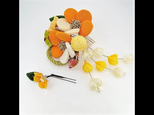 ちりめん梅コーム2点セット　オレンジ