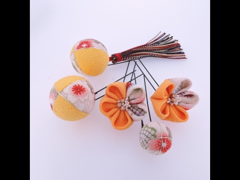 ちりめん細工・ちりめん玉5点セット イエロ－