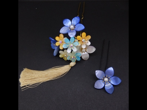 舞子ふさ付2本足かんざしミニ2点セット　ブル－