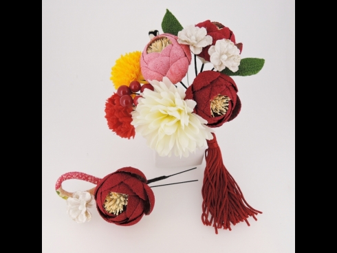 つまみ細工つばき・菊フラワ－コ－ムふさ下がり＆ミニフラワーセット