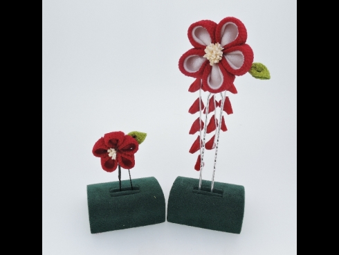 つまみ細工　藤さがり付　かんざし＆Uピン２点セット(赤)