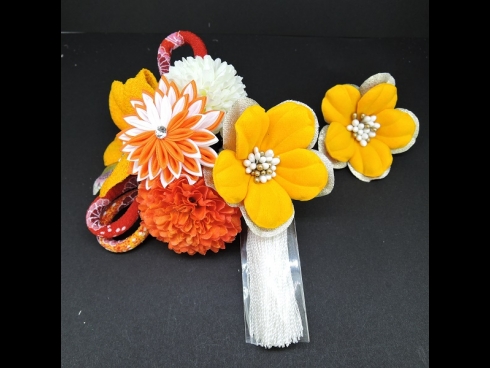 つまみ細工フラワ－コ－ム・ミニ2点セット　イエロ－