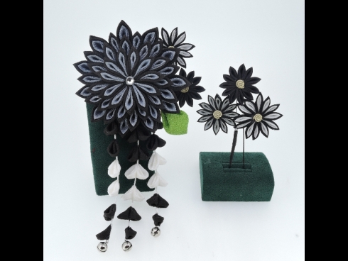 つまみ細工　藤さがり付コーム＆Uピン２点セット(黒)