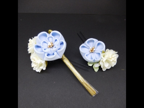 つまみふさ付ミニフラワー2点セット　水色