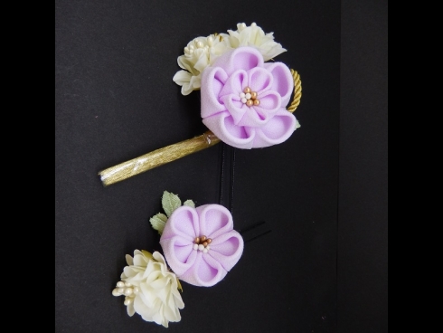 つまみふさ付ミニフラワー2点セット　パープル