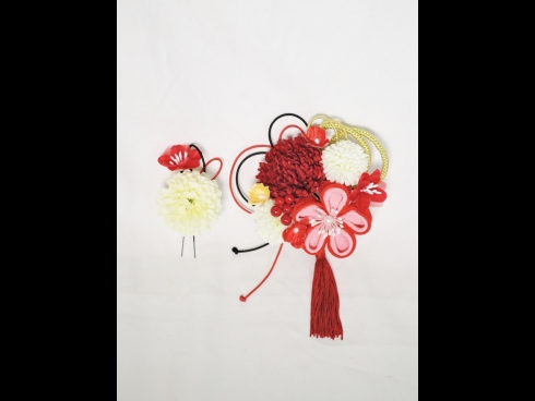 つまみ細工ふさ付 コーム＆花Uピン2点セット