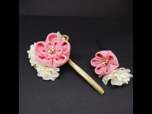 つまみふさ付ミニフラワー2点セット　ピンク