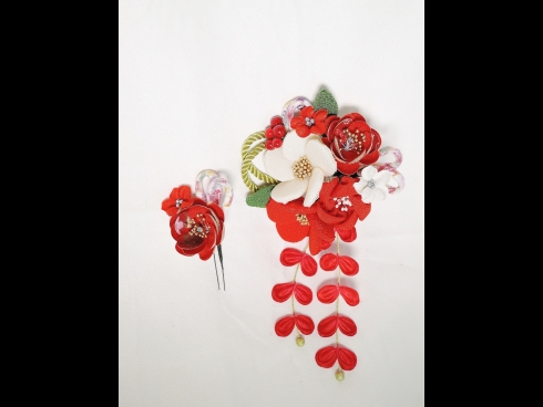 髪飾り　成人式　和装 振袖　衣装　前差し　二本セット　Uピン　コーム　赤　白　花　ラメ つまみ細工　キラキラ　さがり 