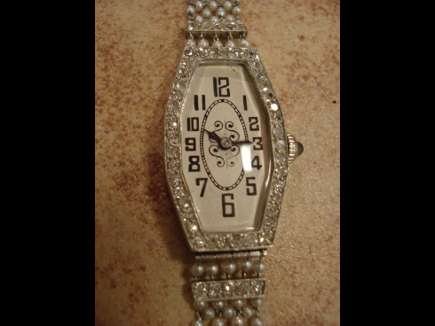 1920年代　プラチナダイヤモンド・サファイヤ・パール時計　　（USED)