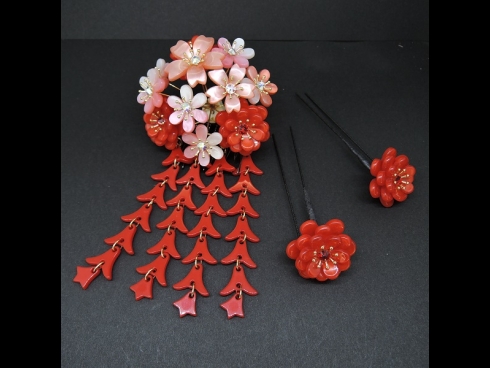 舞子かんざし（コーム）・ミニ3点セット　赤