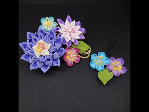 八重咲ちりめんつまみコ－ム・ミニ2点セット　パープル