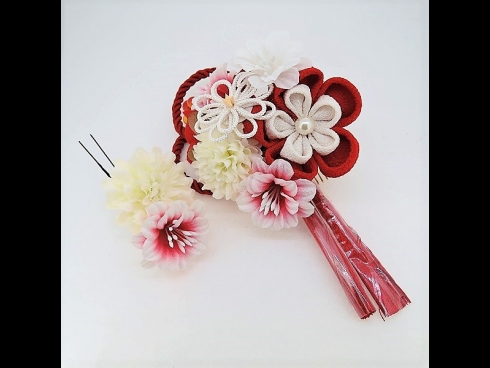 ちりめん梅つまみ細工コーム2点セット　赤