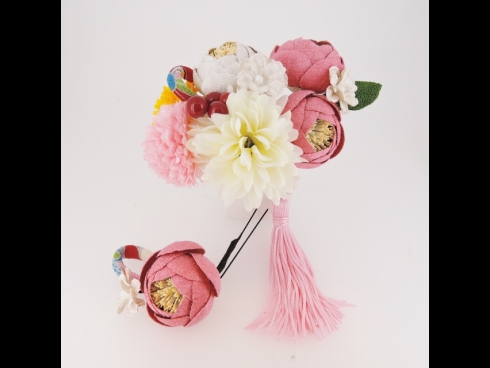 つまみ細工つばき・菊フラワ－コ－ムふさ下がり＆ミニフラワーセット