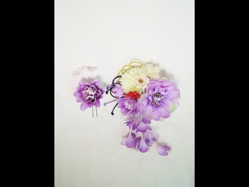 つまみ細工・パールさがり付 ラメフラワーコーム & ラメフラワーUピン　２点セット (紫)