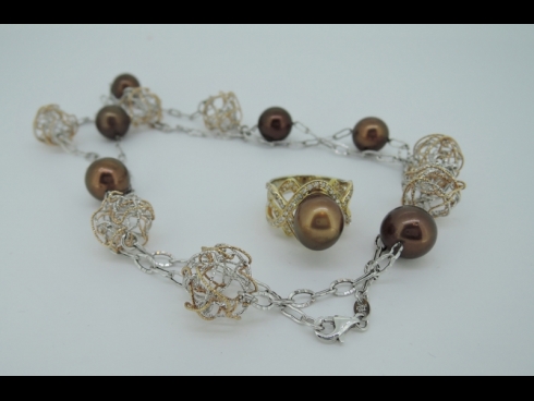 K18WG＆PG南洋ショコラパ－ルダイヤリング＆ネックレスセット（70cm）