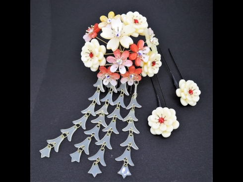 舞子かんざし（コーム）・ミニ3点セット　オフホワイト/赤