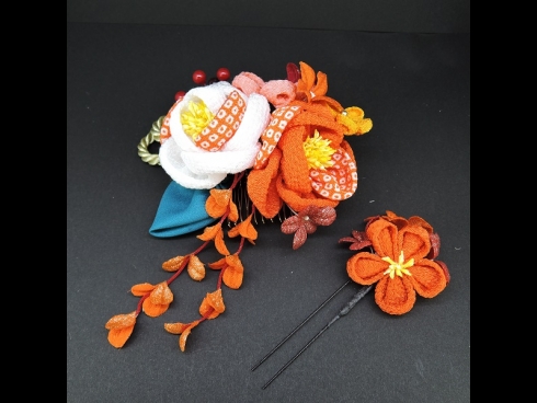 ちりめんつまみコ－ム・ミニ2点セット　オレンジ/白