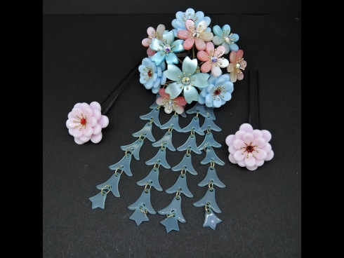 舞子かんざし（コーム）・ミニ3点セット　水色/ピンク