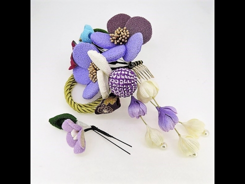 ちりめん梅コーム2点セット　紫