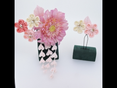 つまみ細工　コーム＆Ｕピン２点セット(ピンク)