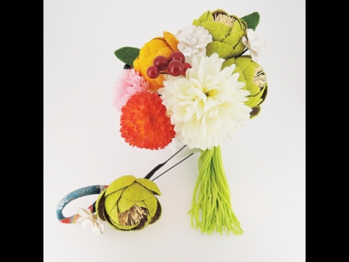 つまみ細工つばき・菊フラワ－コ－ムふさ下がり＆ミニフラワーセット　