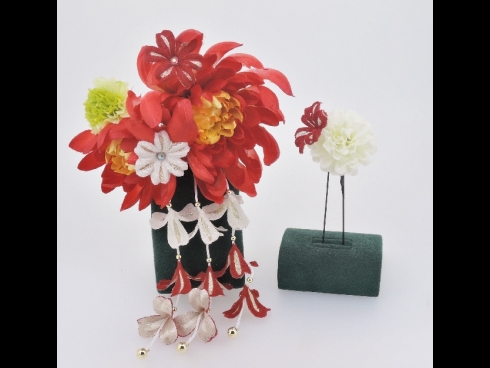 菊さがり付　コーム＆Ｕピン２点セット(赤)